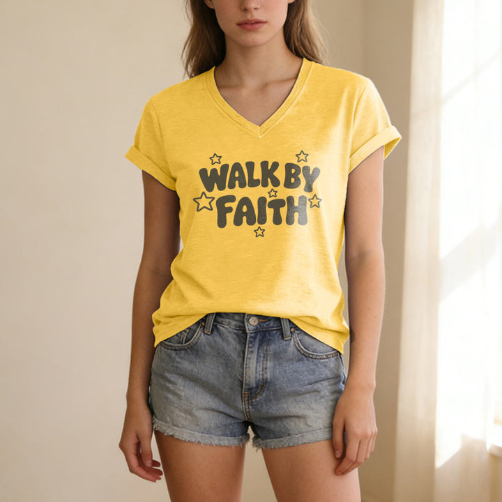 Christianartworkshop T-shirt casual con scollo a V e stampa a stelle "Walk By Faith". - image 3