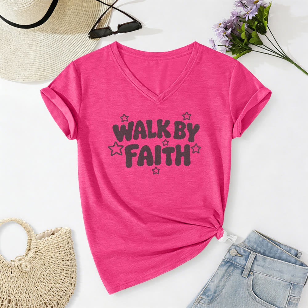 Christianartworkshop T-shirt casual con scollo a V e stampa a stelle "Walk By Faith". - Rosa - 2XL - image 24
