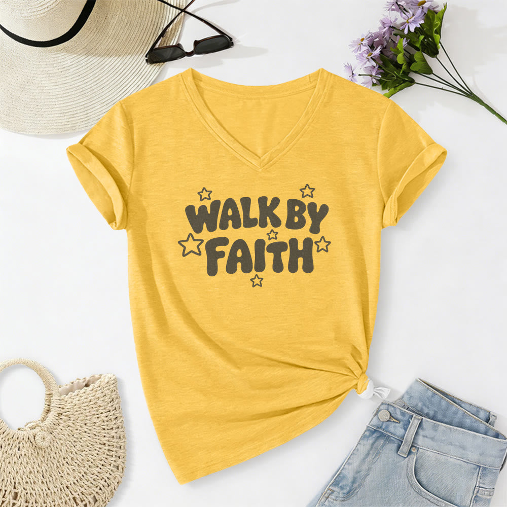 Christianartworkshop T-shirt casual con scollo a V e stampa a stelle "Walk By Faith". - Giallo - 2XL - image 2