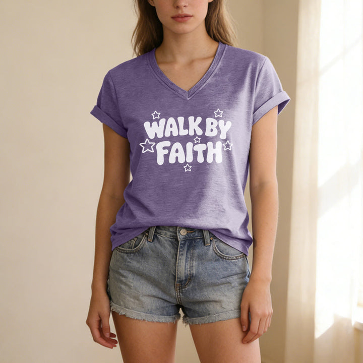 Christianartworkshop T-shirt casual con scollo a V e stampa a stelle "Walk By Faith". - image 17
