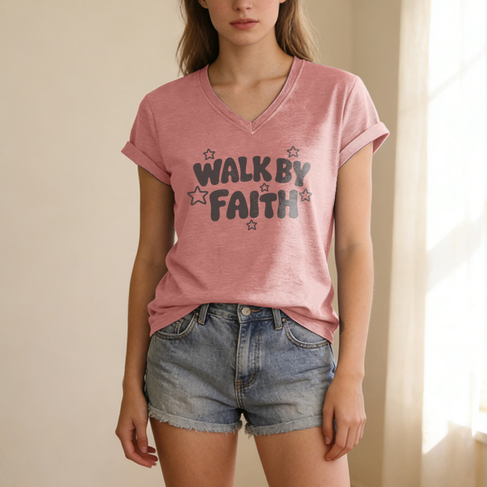 Christianartworkshop T-shirt casual con scollo a V e stampa a stelle "Walk By Faith". - image 11