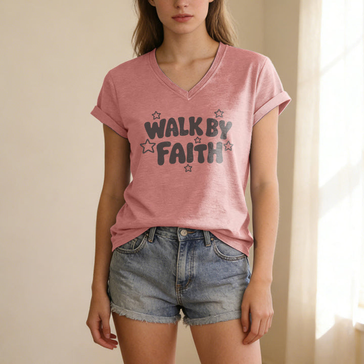 Christianartworkshop T-shirt casual con scollo a V e stampa a stelle "Walk By Faith". - image 11