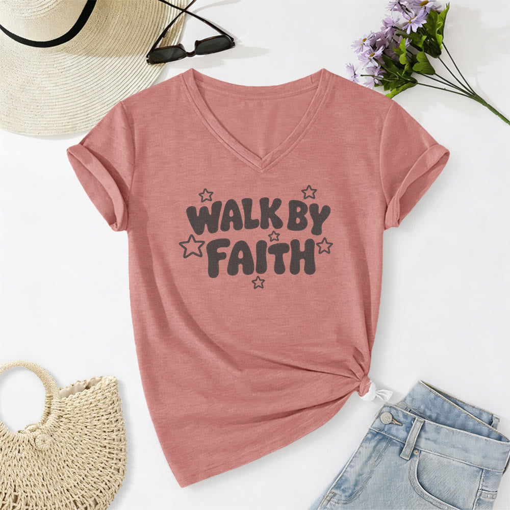 Christianartworkshop T-shirt casual con scollo a V e stampa a stelle "Walk By Faith". - Rosa chiaro - 2XL - image 10