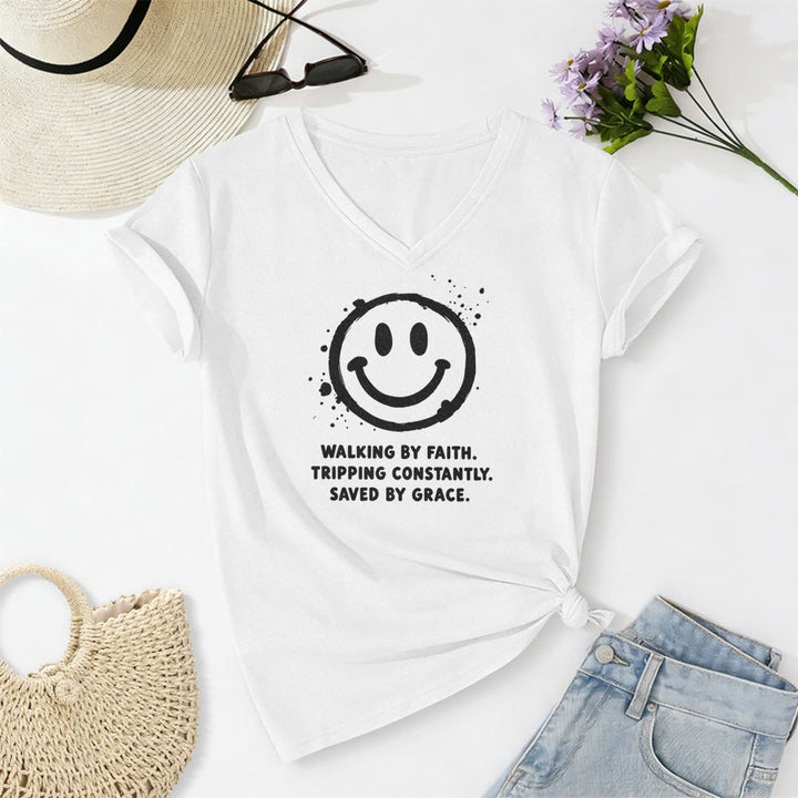 Christianartworkshop T-shirt casual con scollo a V e stampa "Walking By Faith Smiley". - Bianco - 2XL - image 8