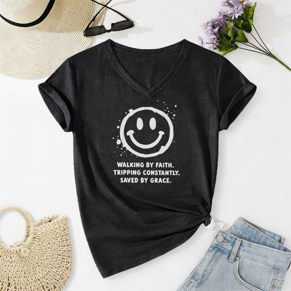Christianartworkshop T-shirt casual con scollo a V e stampa "Walking By Faith Smiley". - Nero - 2XL - image 14
