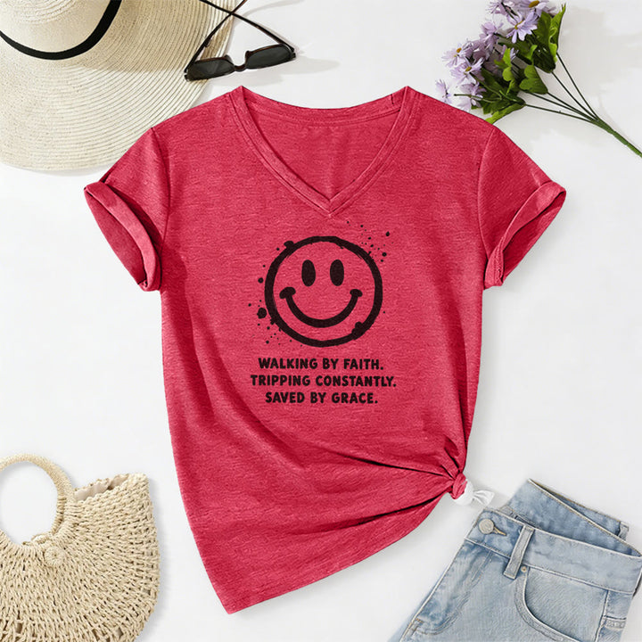 Christianartworkshop T-shirt casual con scollo a V e stampa "Walking By Faith Smiley". - Rosso - 2XL - image 0