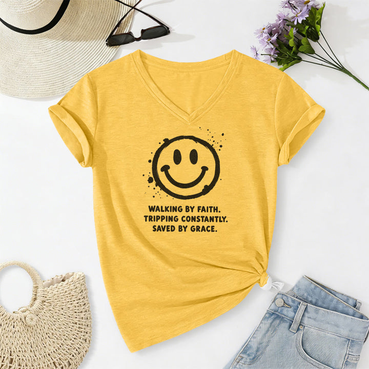 Christianartworkshop T-shirt casual con scollo a V e stampa "Walking By Faith Smiley". - Giallo - 2XL - image 4
