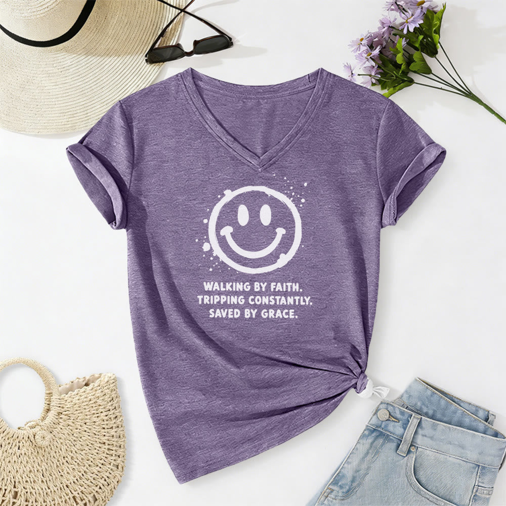 Christianartworkshop T-shirt casual con scollo a V e stampa "Walking By Faith Smiley". - Viola - 2XL - image 18