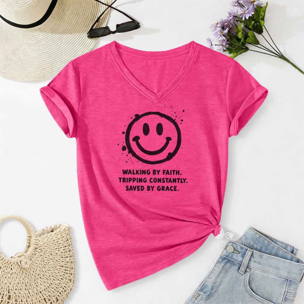 Christianartworkshop T-shirt casual con scollo a V e stampa "Walking By Faith Smiley". - Rosa - 2XL - image 24