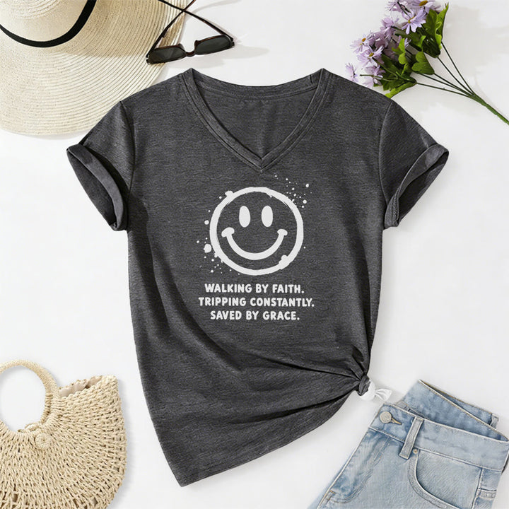 Christianartworkshop T-shirt casual con scollo a V e stampa "Walking By Faith Smiley". - Grigio scuro - 2XL - image 22