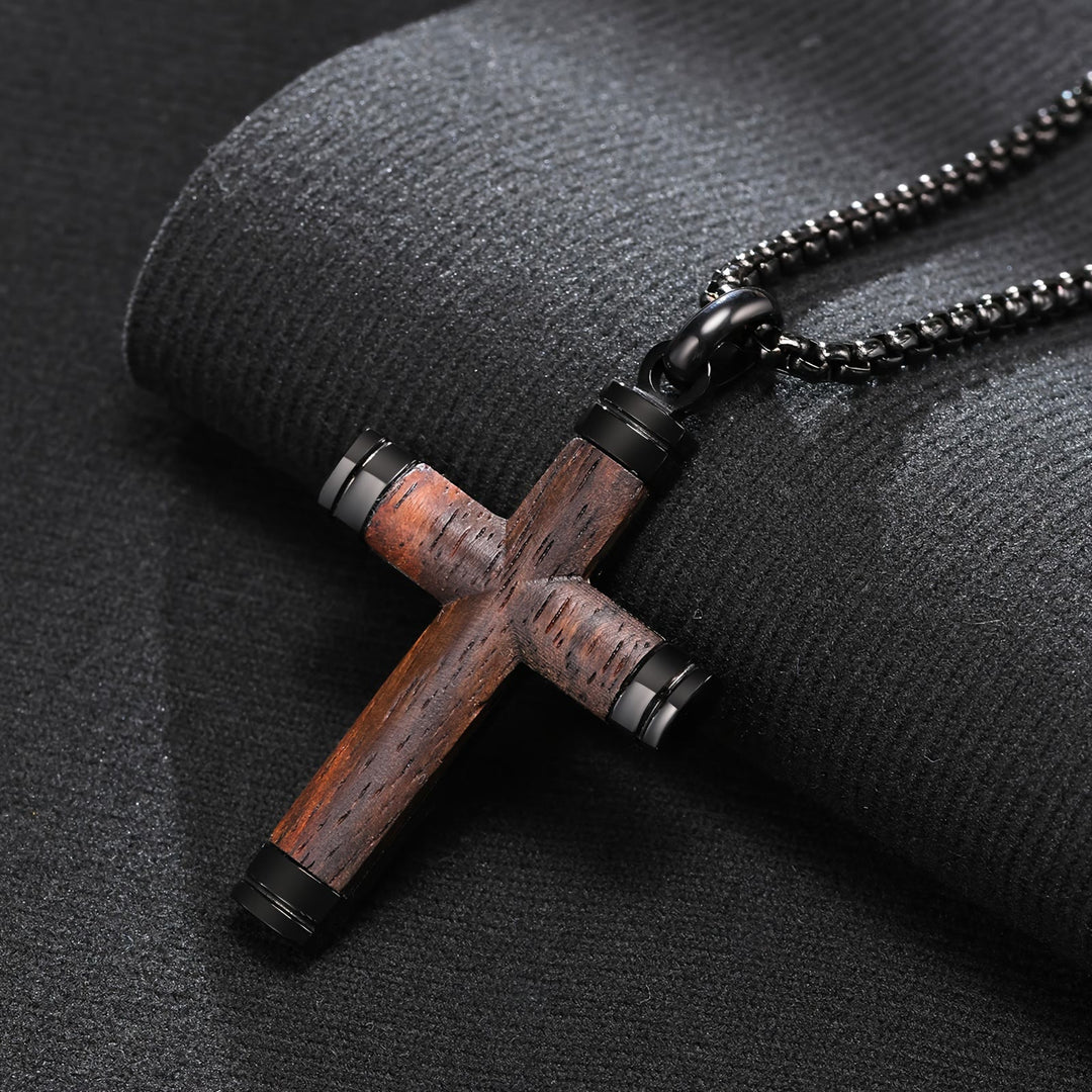 Christianartworkshop Collana minimalista con croce in legno e terminali in metallo elegante: un emblema di forza e devozione. - Nero - image 0