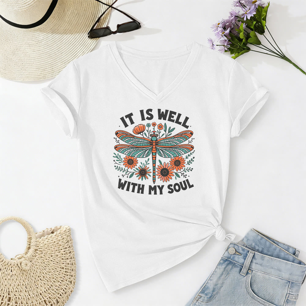 Christianartworkshop It Is Well With My Soul - T-shirt casual con scollo a V e stampa floreale e libellula. - Bianco - 2XL - image 8