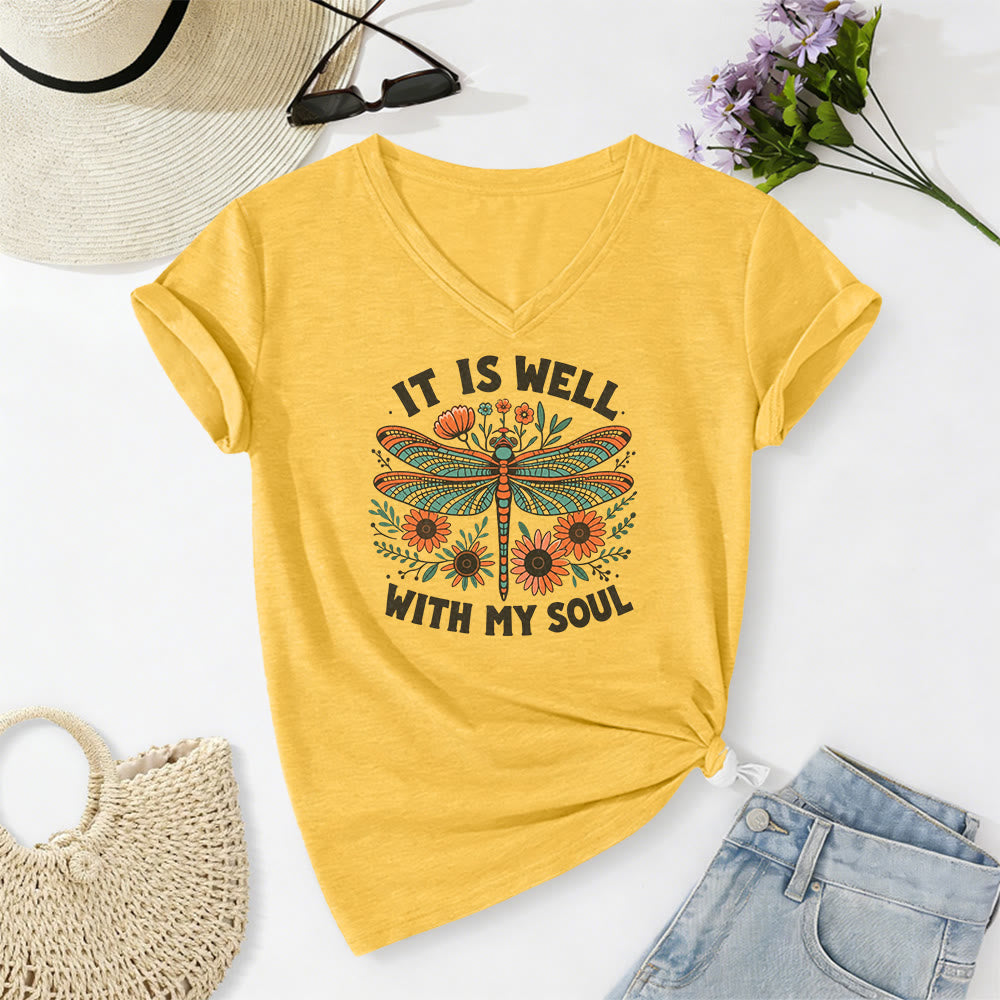 Christianartworkshop It Is Well With My Soul - T-shirt casual con scollo a V e stampa floreale e libellula. - Giallo - 2XL - image 4