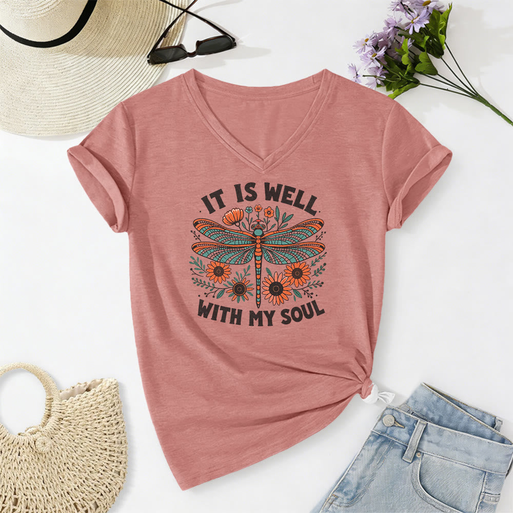 Christianartworkshop It Is Well With My Soul - T-shirt casual con scollo a V e stampa floreale e libellula. - Rosa chiaro - 2XL - image 10