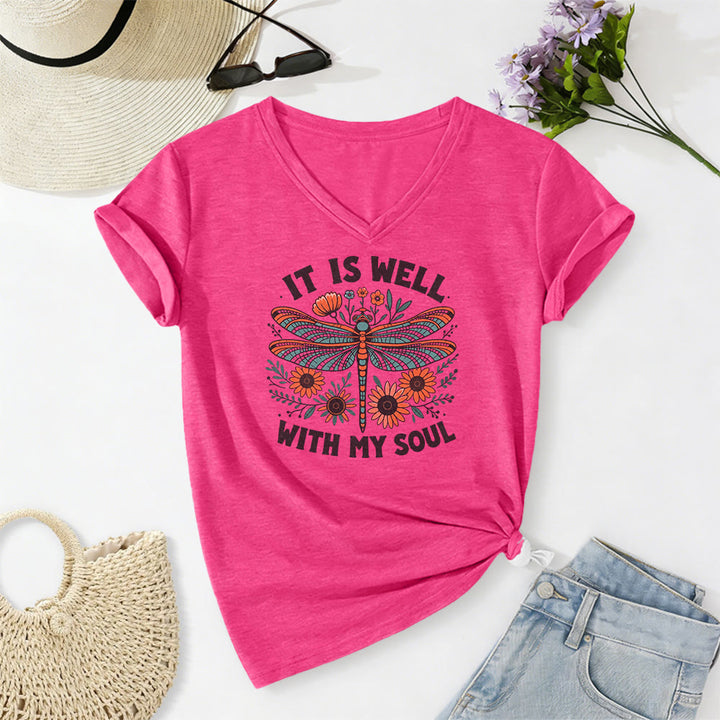 Christianartworkshop It Is Well With My Soul - T-shirt casual con scollo a V e stampa floreale e libellula. - Rosa - 2XL - image 24