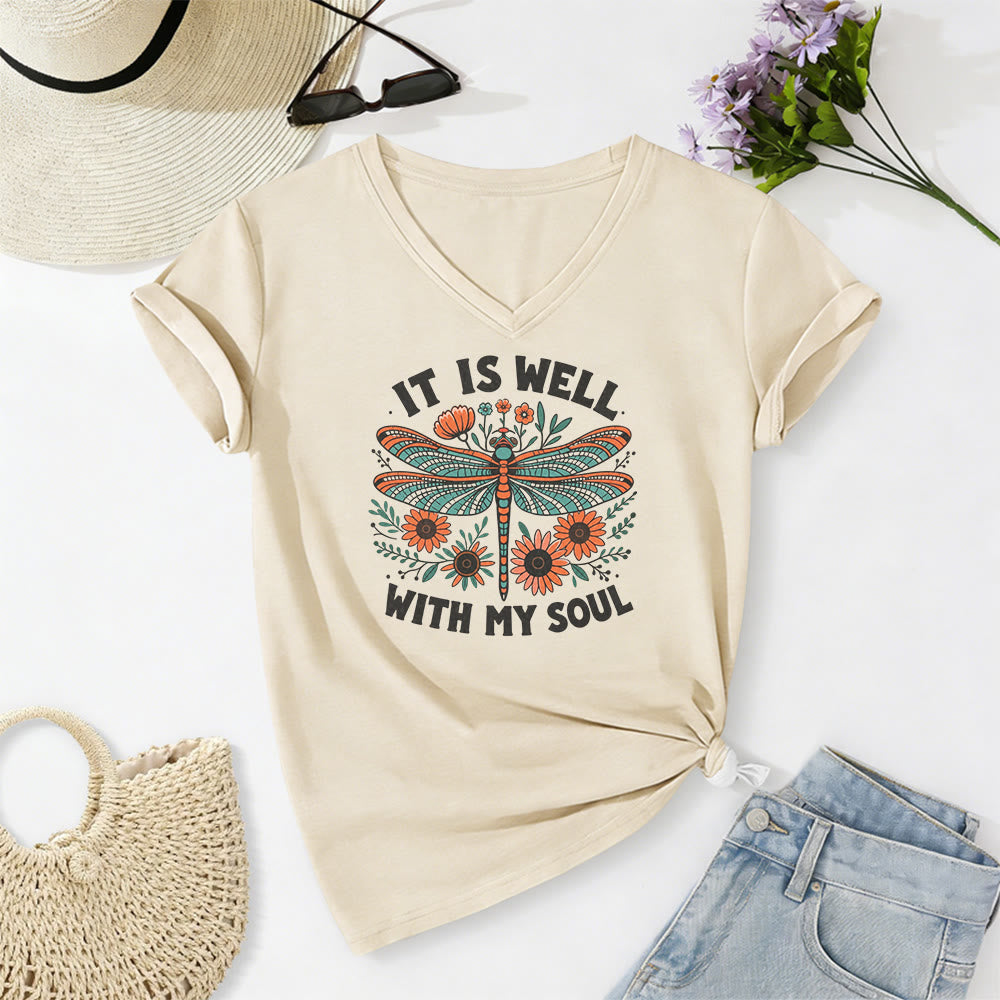 Christianartworkshop It Is Well With My Soul - T-shirt casual con scollo a V e stampa floreale e libellula. - Beige - 2XL - image 2