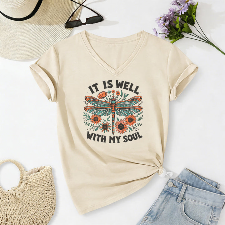 Christianartworkshop It Is Well With My Soul - T-shirt casual con scollo a V e stampa floreale e libellula. - Beige - 2XL - image 2