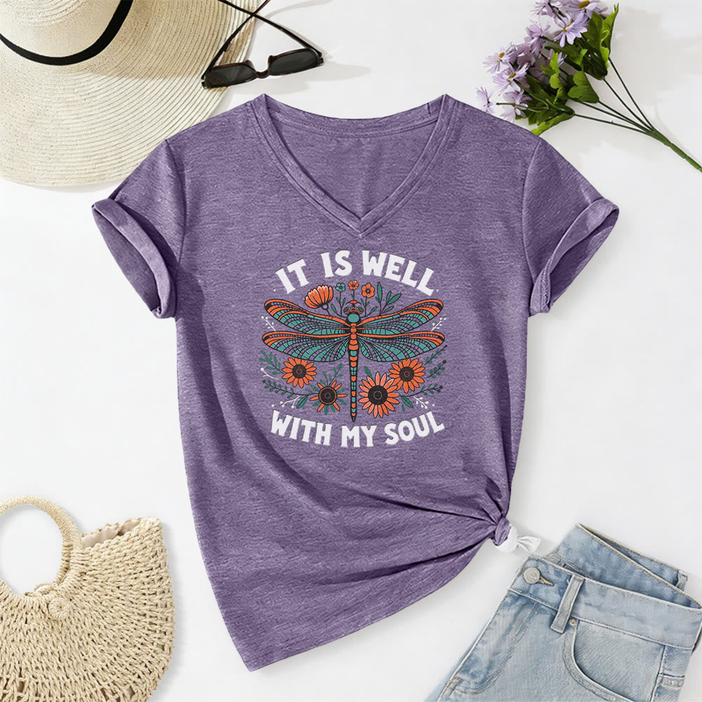 Christianartworkshop It Is Well With My Soul - T-shirt casual con scollo a V e stampa floreale e libellula. - Viola - 2XL - image 16
