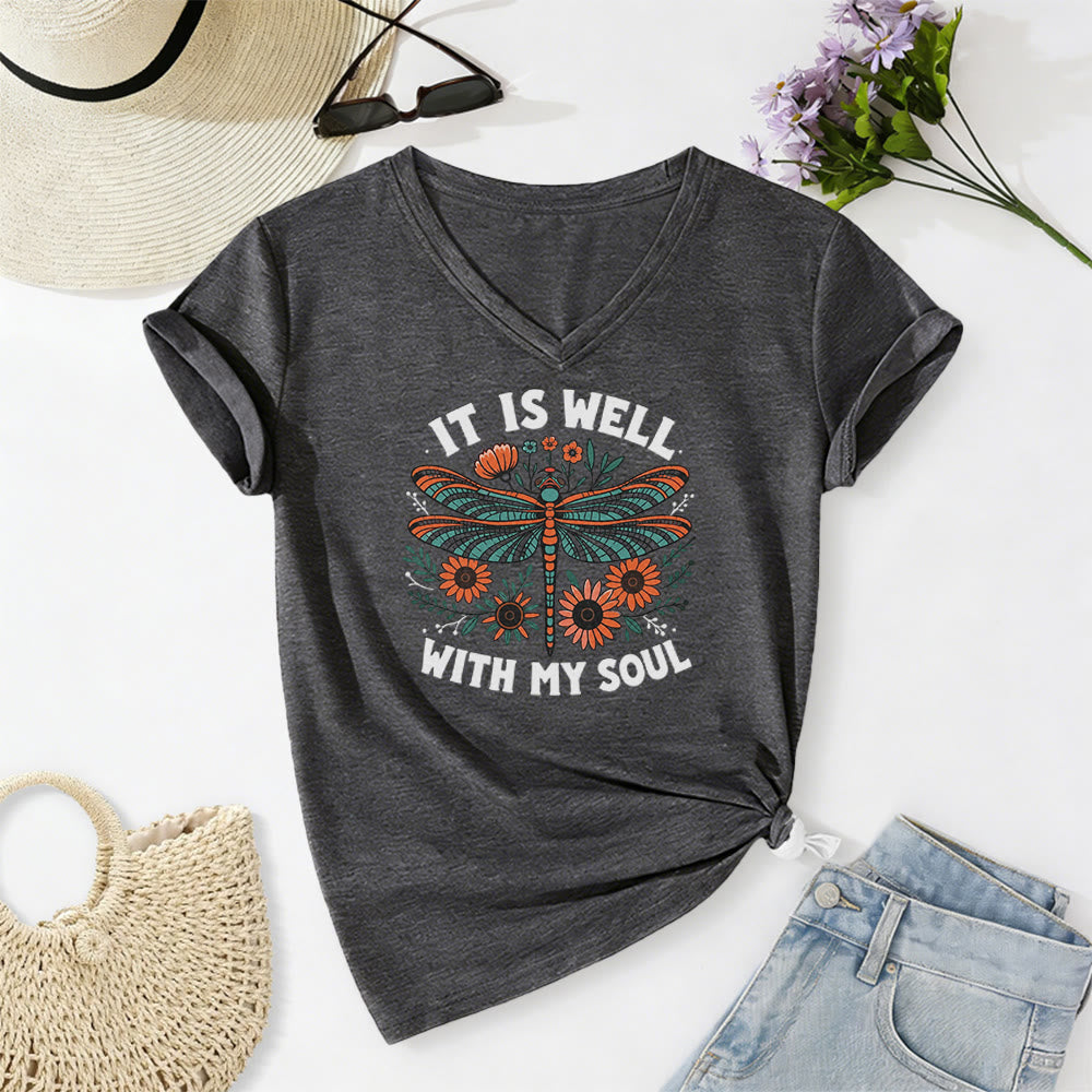 Christianartworkshop It Is Well With My Soul - T-shirt casual con scollo a V e stampa floreale e libellula. - Grigio scuro - 2XL - image 20
