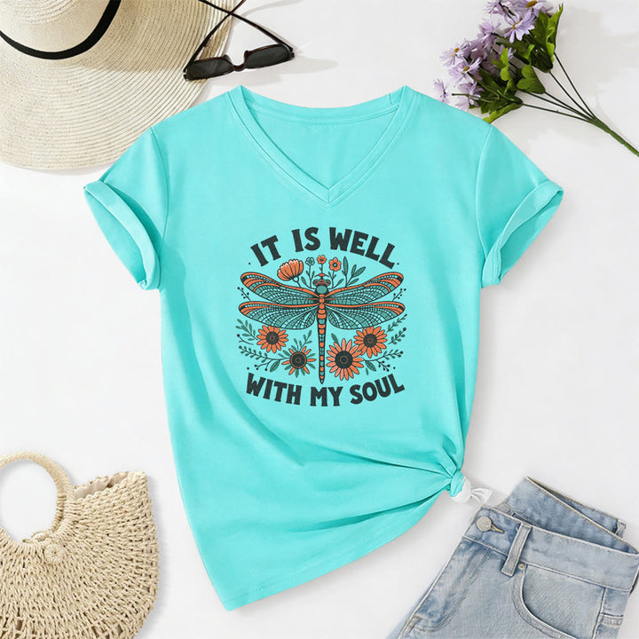 Christianartworkshop It Is Well With My Soul - T-shirt casual con scollo a V e stampa floreale e libellula. - Blu celeste - 2XL - image 0