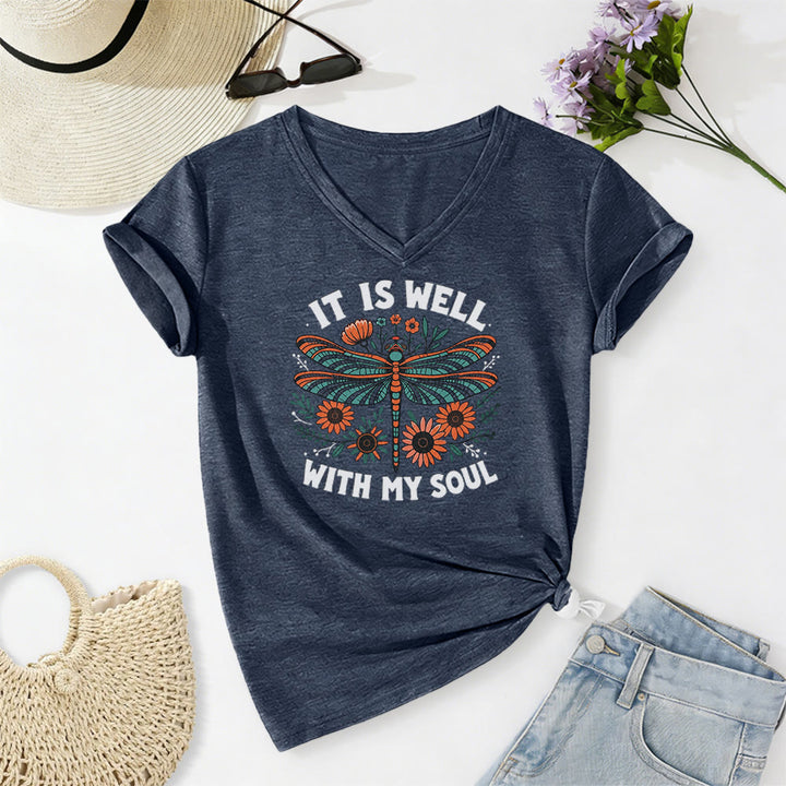 Christianartworkshop It Is Well With My Soul - T-shirt casual con scollo a V e stampa floreale e libellula. - Blu navy - 2XL - image 18