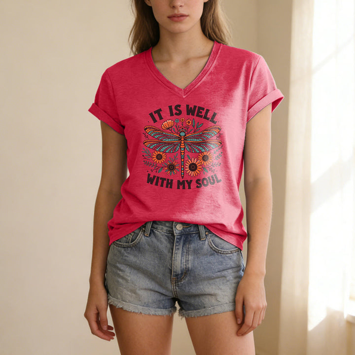 Christianartworkshop It Is Well With My Soul - T-shirt casual con scollo a V e stampa floreale e libellula. - image 23