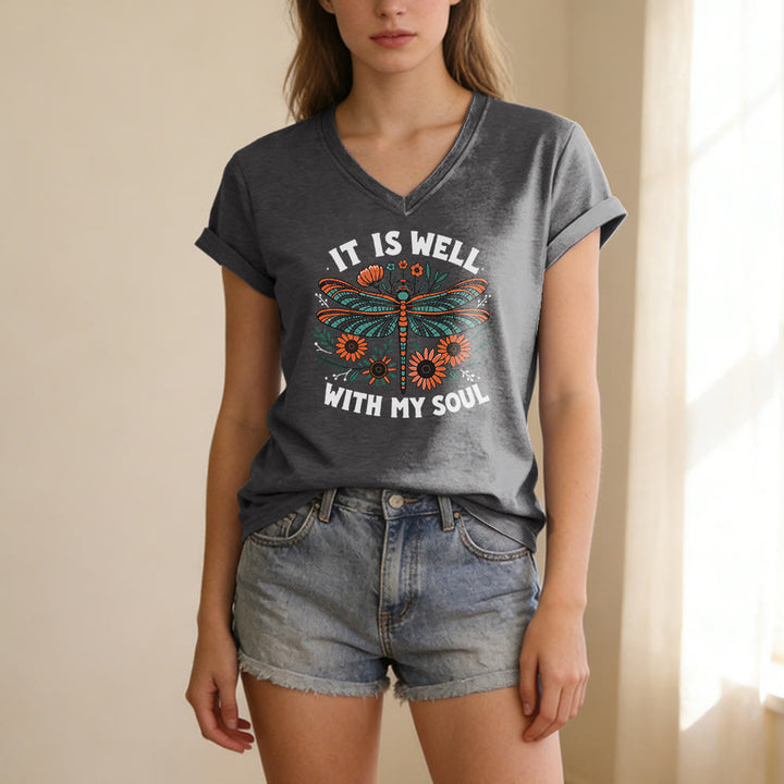 Christianartworkshop It Is Well With My Soul - T-shirt casual con scollo a V e stampa floreale e libellula. - image 21