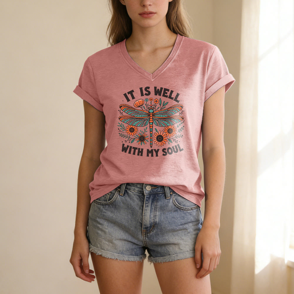 Christianartworkshop It Is Well With My Soul - T-shirt casual con scollo a V e stampa floreale e libellula. - image 11