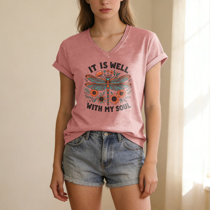 Christianartworkshop It Is Well With My Soul - T-shirt casual con scollo a V e stampa floreale e libellula. - image 11