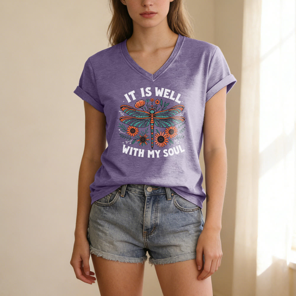 Christianartworkshop It Is Well With My Soul - T-shirt casual con scollo a V e stampa floreale e libellula. - image 17
