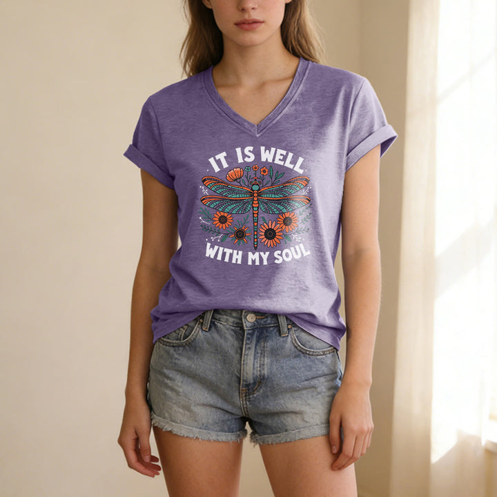 Christianartworkshop It Is Well With My Soul - T-shirt casual con scollo a V e stampa floreale e libellula. - image 17