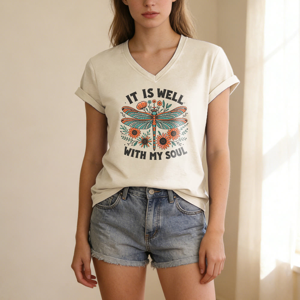Christianartworkshop It Is Well With My Soul - T-shirt casual con scollo a V e stampa floreale e libellula. - image 3