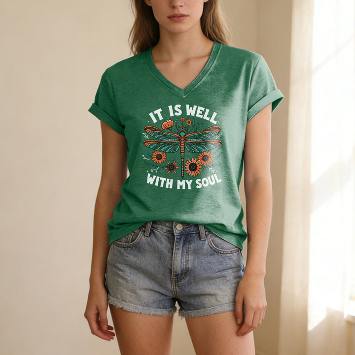 Christianartworkshop It Is Well With My Soul - T-shirt casual con scollo a V e stampa floreale e libellula. - image 15