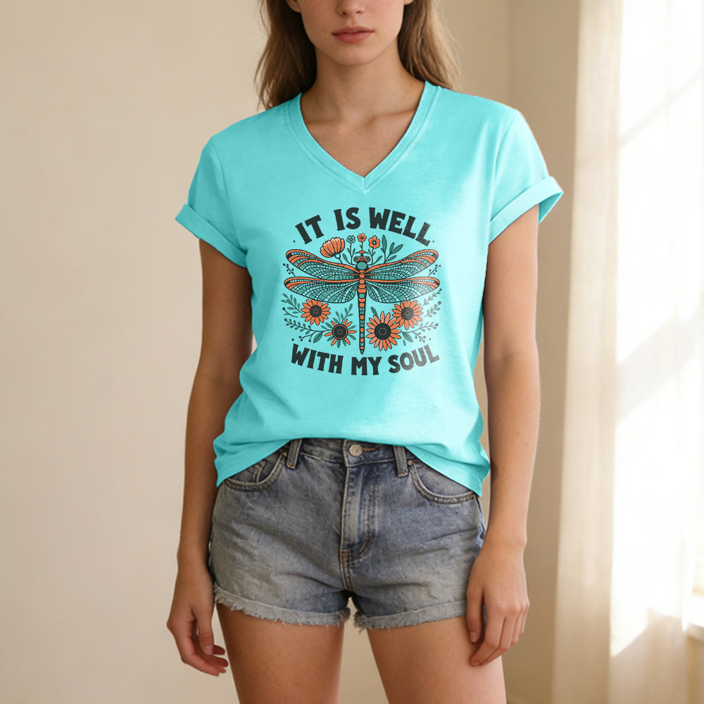 Christianartworkshop It Is Well With My Soul - T-shirt casual con scollo a V e stampa floreale e libellula. - image 1