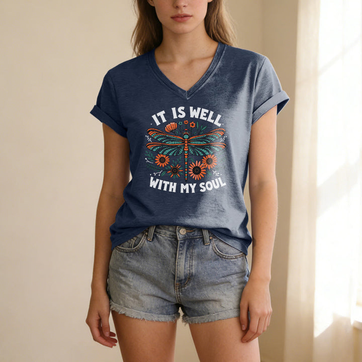 Christianartworkshop It Is Well With My Soul - T-shirt casual con scollo a V e stampa floreale e libellula. - image 19