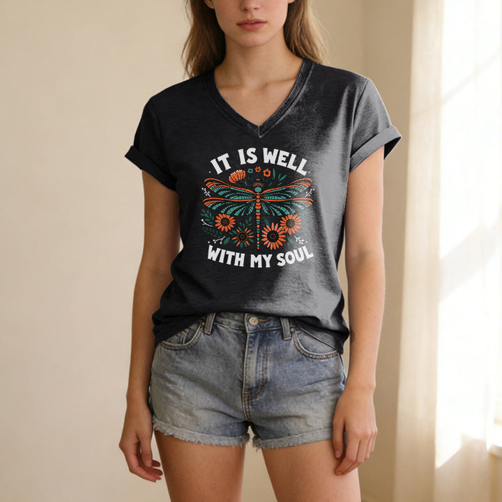 Christianartworkshop It Is Well With My Soul - T-shirt casual con scollo a V e stampa floreale e libellula. - image 13