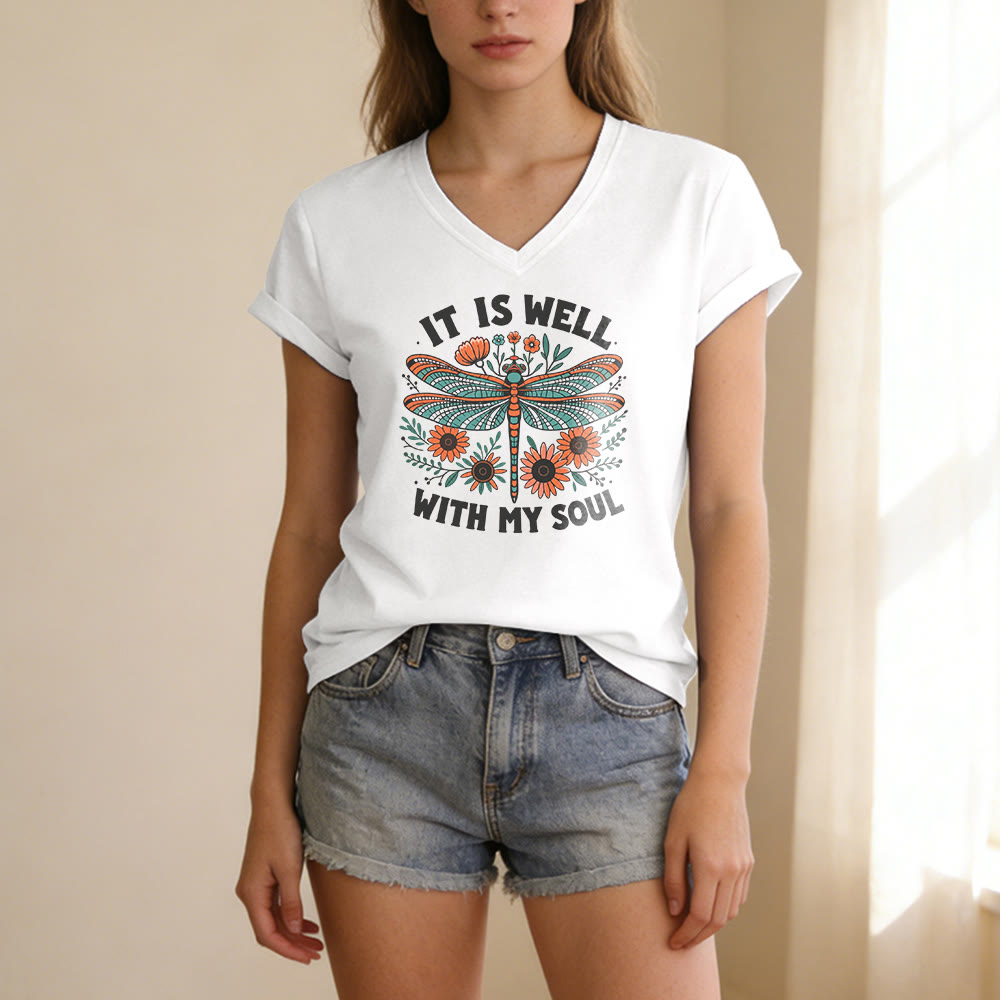 Christianartworkshop It Is Well With My Soul - T-shirt casual con scollo a V e stampa floreale e libellula. - image 9