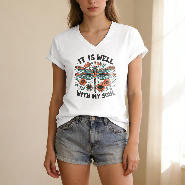 Christianartworkshop It Is Well With My Soul - T-shirt casual con scollo a V e stampa floreale e libellula. - image 9