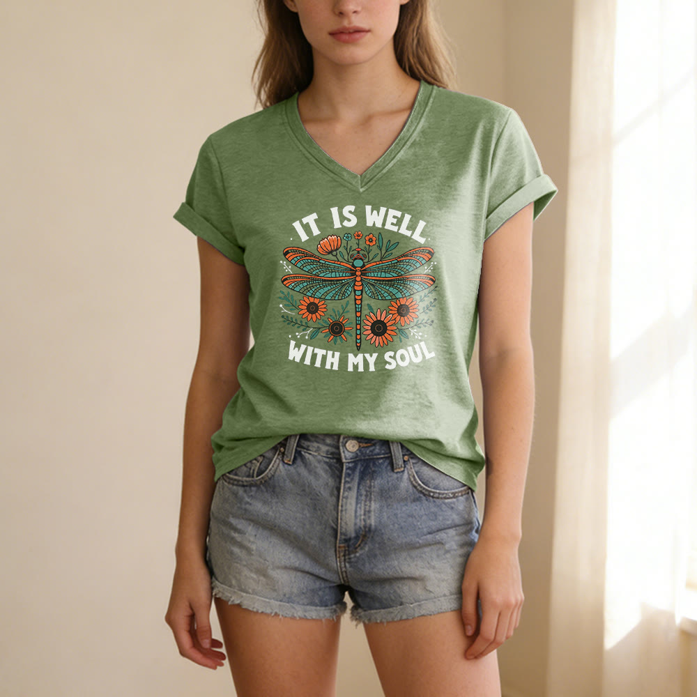 Christianartworkshop It Is Well With My Soul - T-shirt casual con scollo a V e stampa floreale e libellula. - image 7