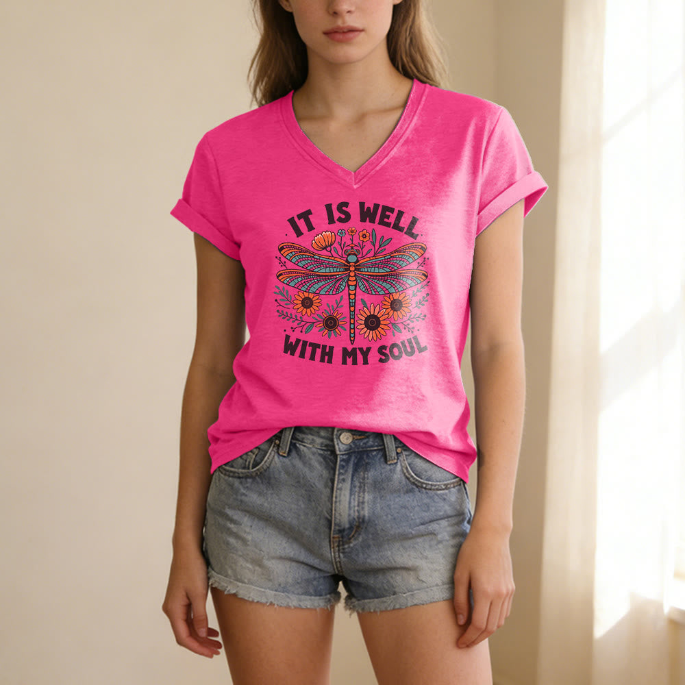Christianartworkshop It Is Well With My Soul - T-shirt casual con scollo a V e stampa floreale e libellula. - image 25