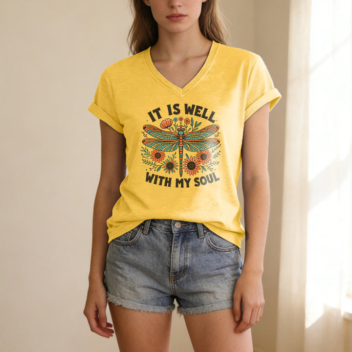 Christianartworkshop It Is Well With My Soul - T-shirt casual con scollo a V e stampa floreale e libellula. - image 5
