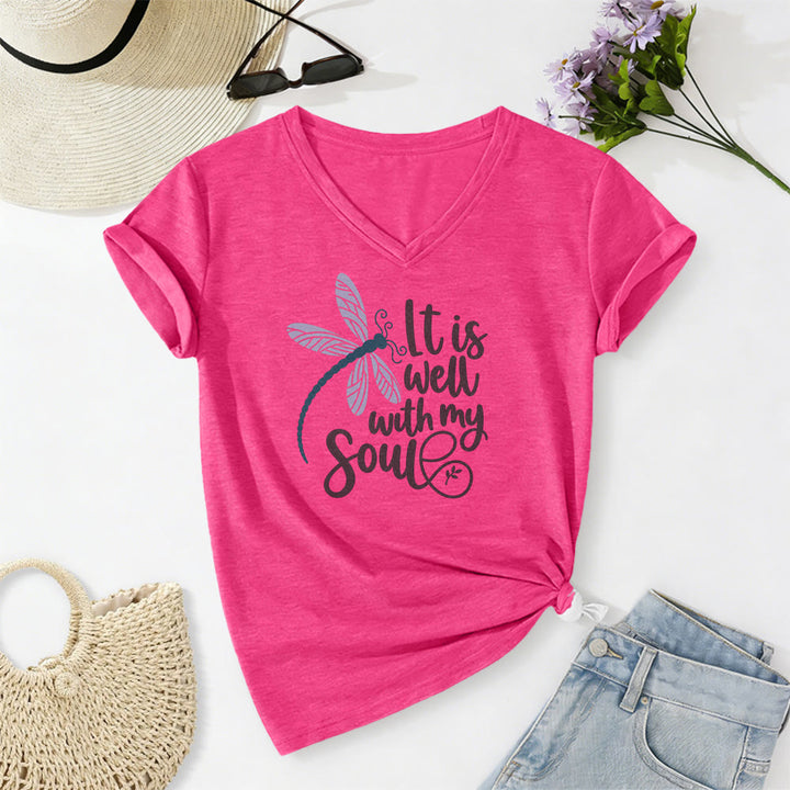 Christianartworkshop T-shirt casual con scollo a V e stampa calligrafica di libellula "It Is Well With My Soul" - Rosa - 2XL - image 24