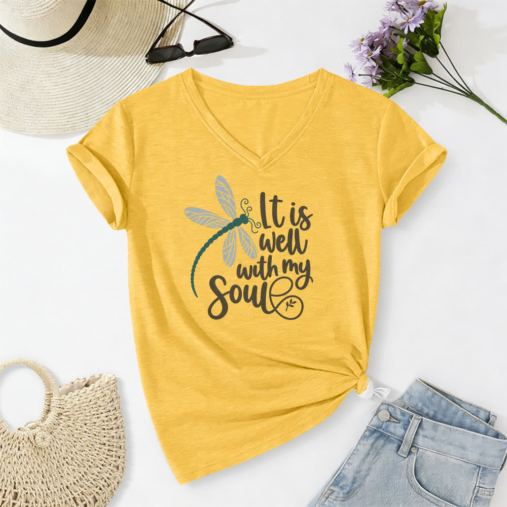 Christianartworkshop T-shirt casual con scollo a V e stampa calligrafica di libellula "It Is Well With My Soul" - Giallo - 2XL - image 0