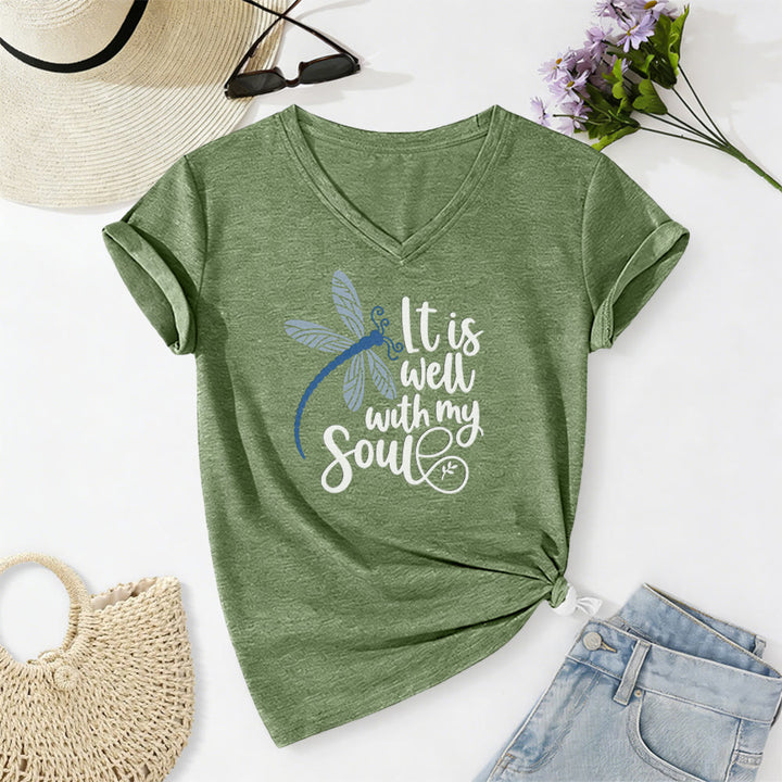 Christianartworkshop T-shirt casual con scollo a V e stampa calligrafica di libellula "It Is Well With My Soul" - Verde oliva - 2XL - image 4