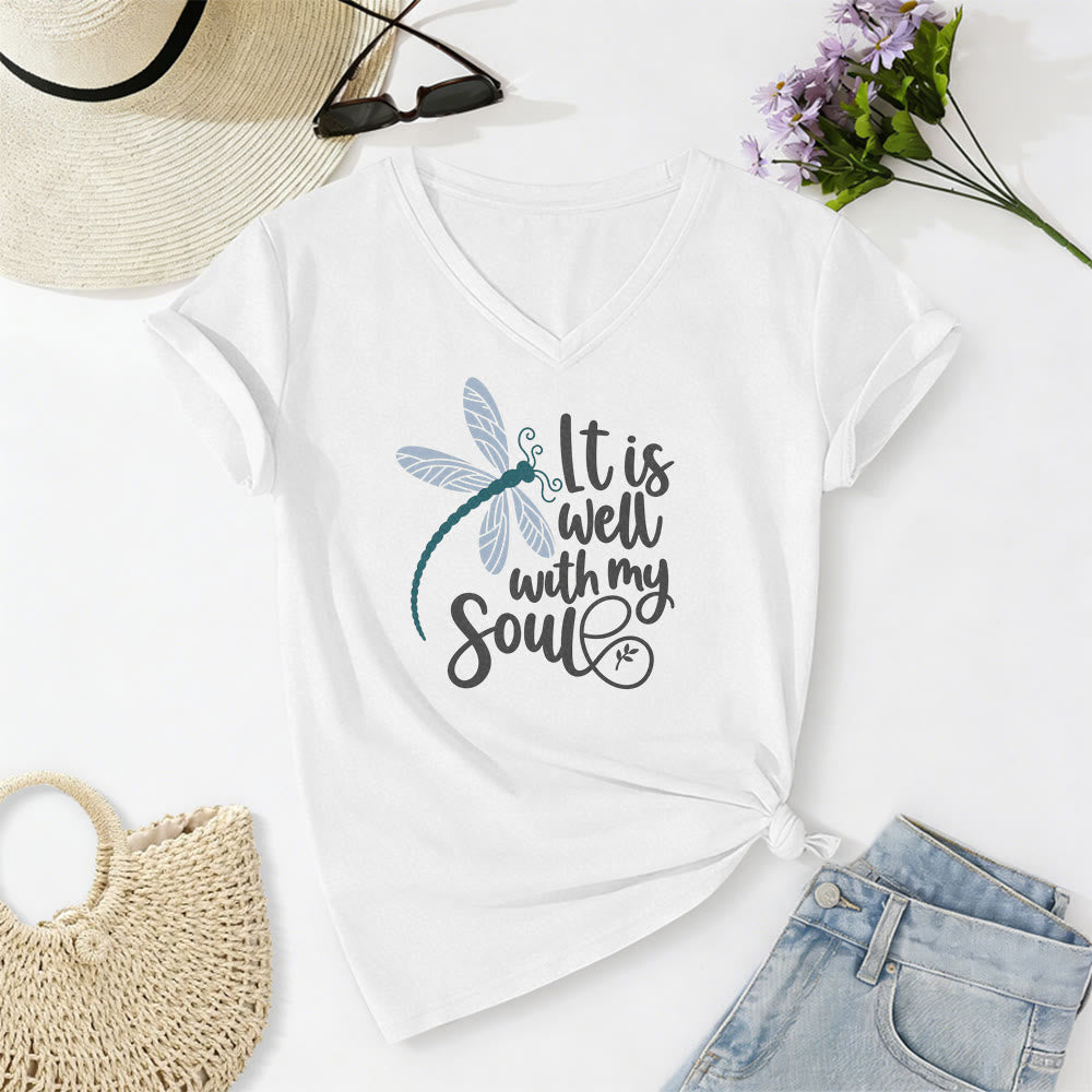 Christianartworkshop T-shirt casual con scollo a V e stampa calligrafica di libellula "It Is Well With My Soul" - Bianco - 2XL - image 6