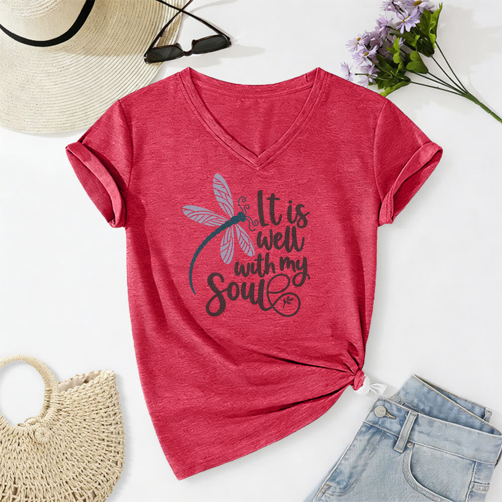 Christianartworkshop T-shirt casual con scollo a V e stampa calligrafica di libellula "It Is Well With My Soul" - Rosso - 2XL - image 22