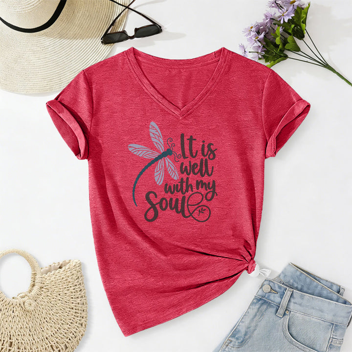 Christianartworkshop T-shirt casual con scollo a V e stampa calligrafica di libellula "It Is Well With My Soul" - Rosso - 2XL - image 22
