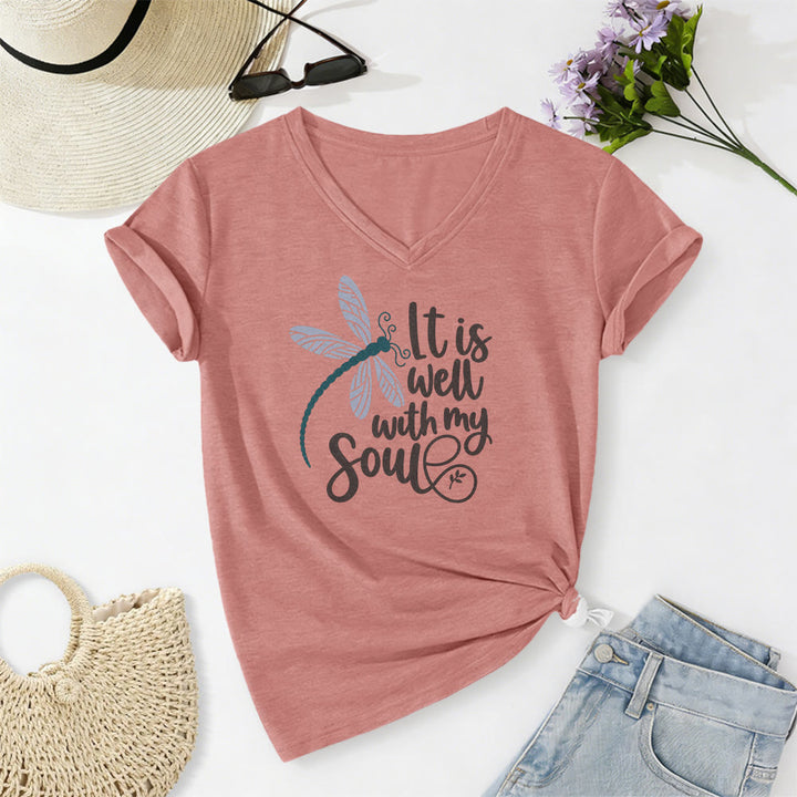Christianartworkshop T-shirt casual con scollo a V e stampa calligrafica di libellula "It Is Well With My Soul" - Rosa chiaro - 2XL - image 10