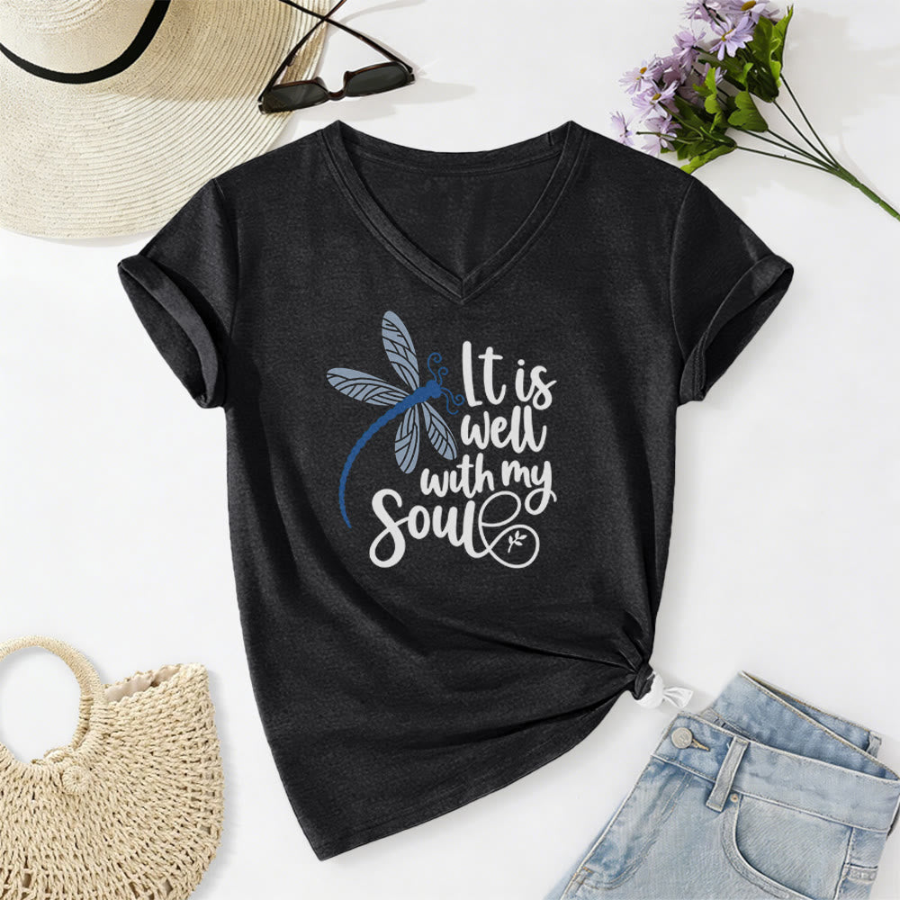Christianartworkshop T-shirt casual con scollo a V e stampa calligrafica di libellula "It Is Well With My Soul" - Nero - 2XL - image 12