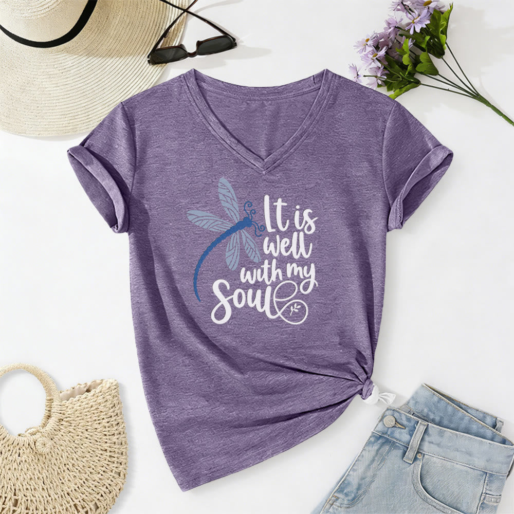 Christianartworkshop T-shirt casual con scollo a V e stampa calligrafica di libellula "It Is Well With My Soul" - Viola - 2XL - image 16